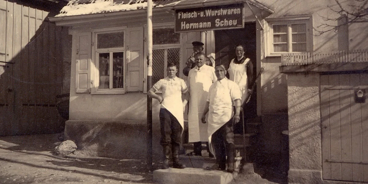 Historisches Foto der Metzgerei Hermann Scheu in Owen/Teck